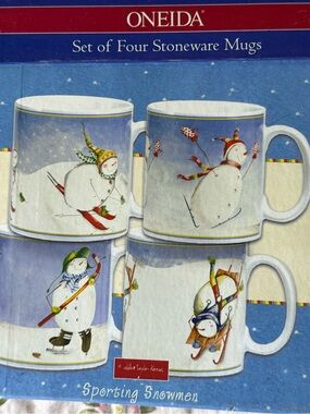 NEW Oneida Sporting Snowmen Stoneware Mug Set of 4 Debbie Taylor Kerman Mugs